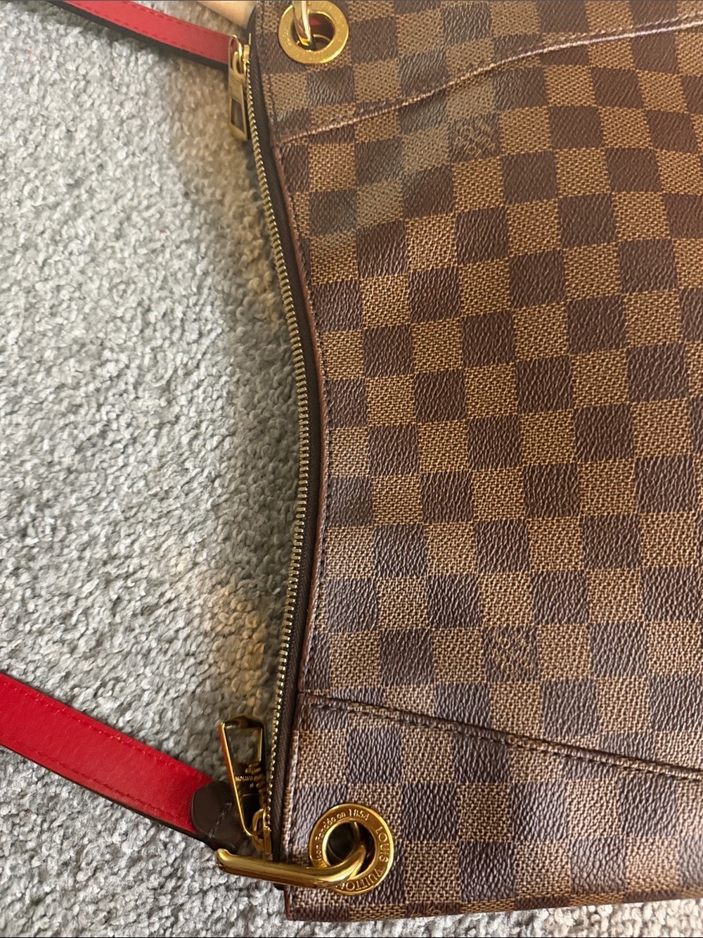 Louis Vuitton Brown Damier Shoulder Bag with Red Strap Accent - Picture 9 of 10